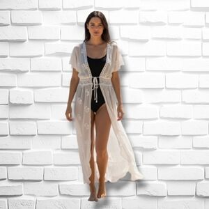 Bluivy Sheer Lace Kimono White Open Front Boho Beach Cover-Up - Size Small